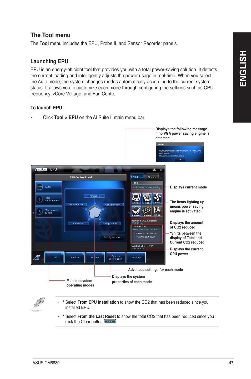 En g lis h en g li sh, The tool menu | Asus CM6830 User Manual | Page 47 / 64