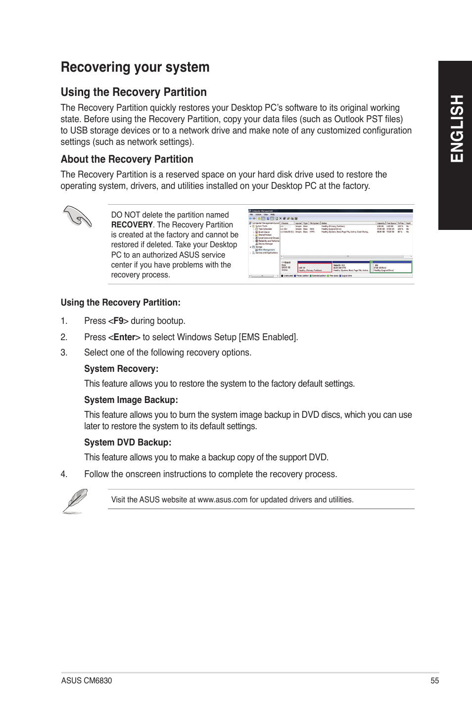 Recovering your system, En g lis h en g li sh | Asus CM6830 User Manual | Page 55 / 64