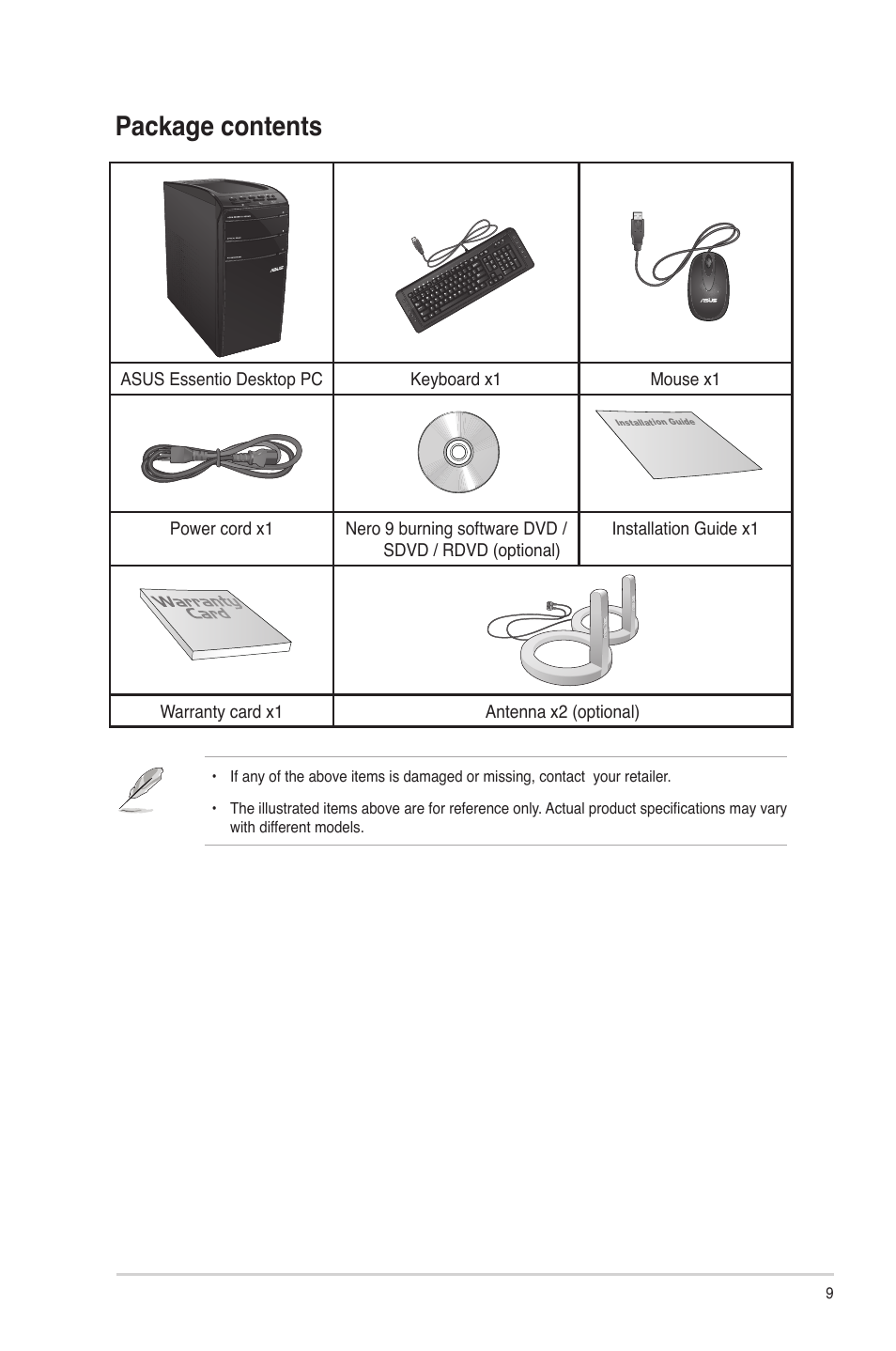 Package contents | Asus CM6830 User Manual | Page 9 / 64