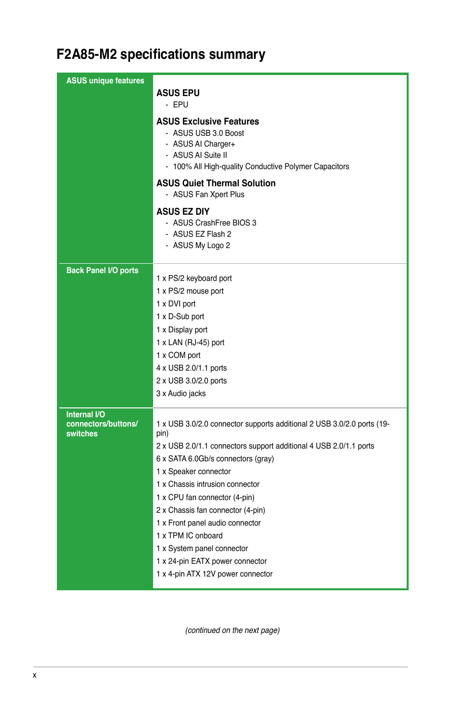 F2a85-m2 specifications summary | Asus F2A85-M2 User Manual | Page 10 / 76