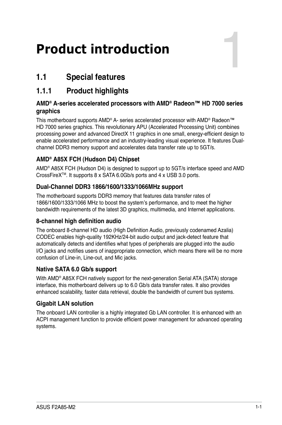 Product introduction, 1 special features, 1 product highlights | 1 special features -1, Product highlights -1 | Asus F2A85-M2 User Manual | Page 13 / 76