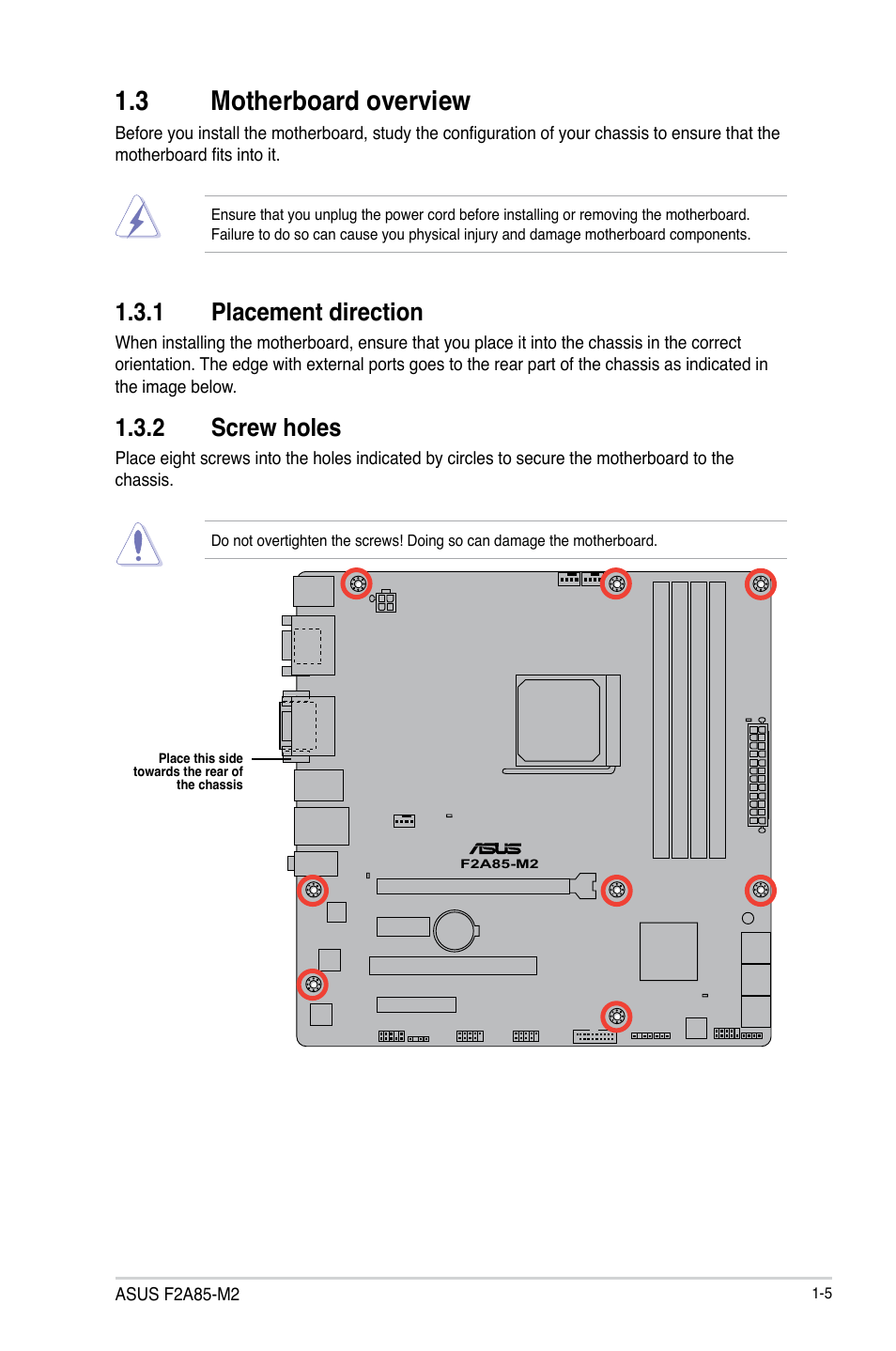 3 motherboard overview, 1 placement direction, 2 screw holes | 3 motherboard overview -5, Placement direction -5, Screw holes -5 | Asus F2A85-M2 User Manual | Page 17 / 76