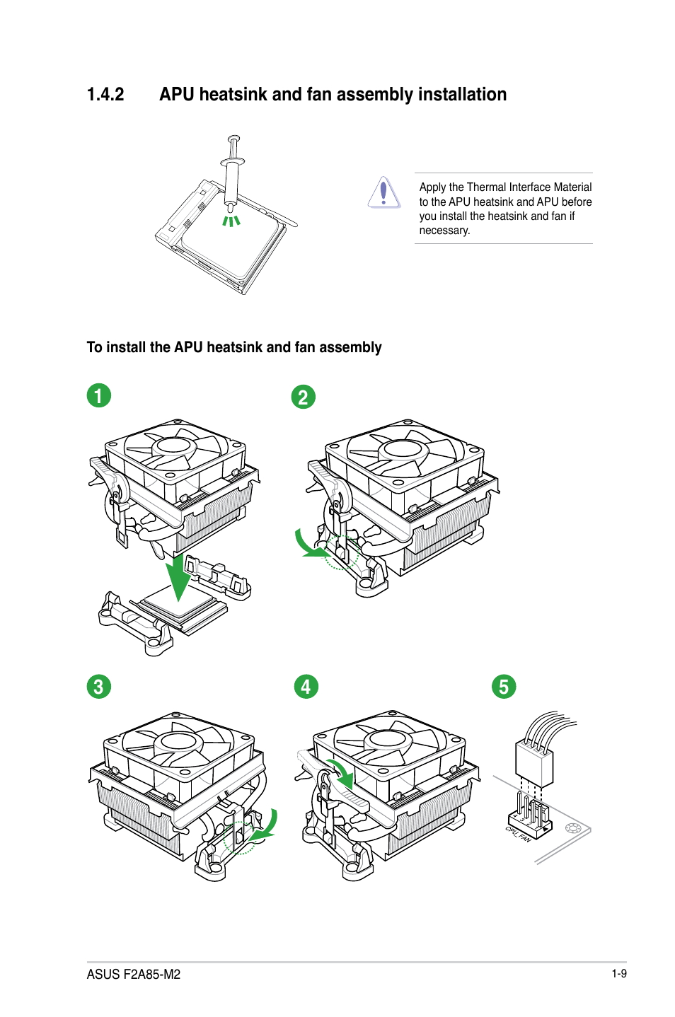 2 apu heatsink and fan assembly installation, Apu heatsink and fan assembly installation -9 | Asus F2A85-M2 User Manual | Page 21 / 76