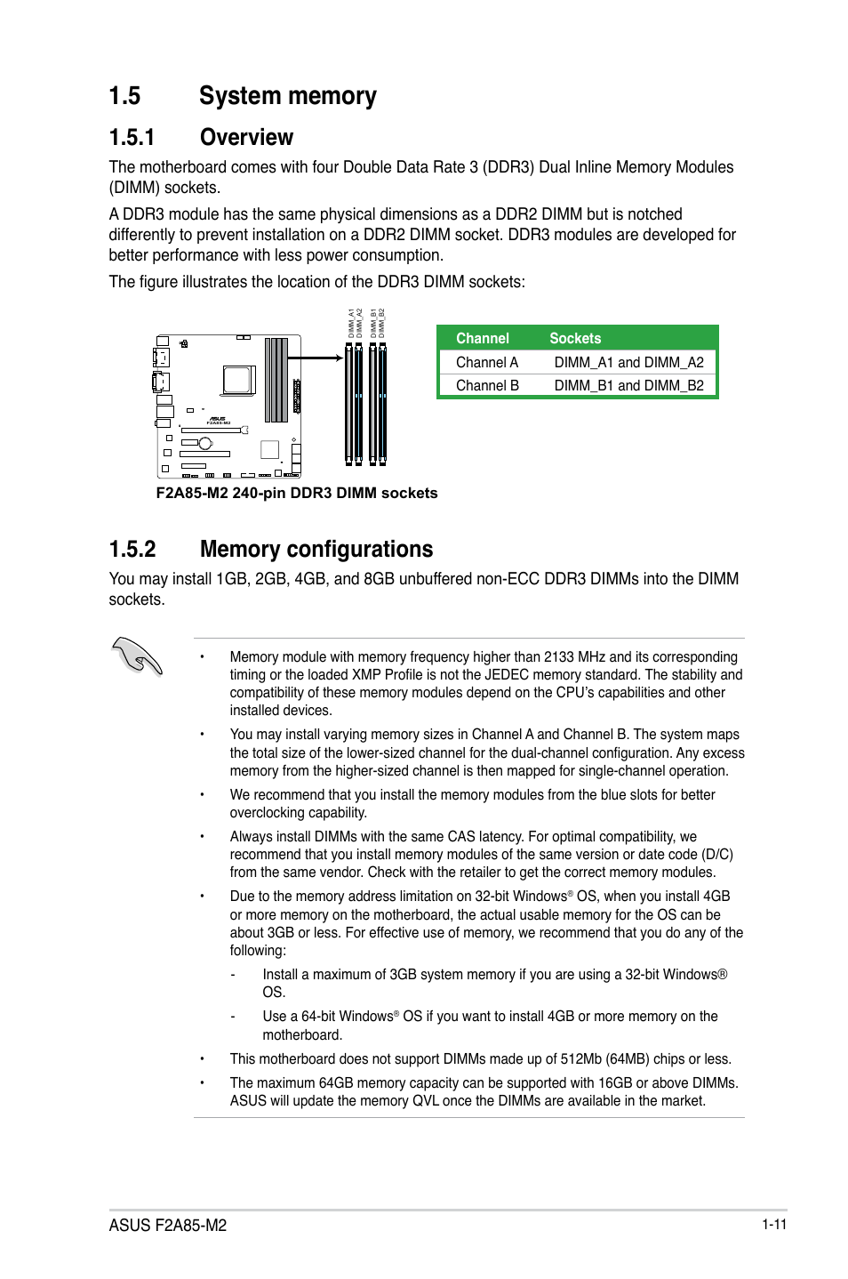 5 system memory, 1 overview, 2 memory configurations | 5 system memory -11, Overview -11, Memory configurations -11 | Asus F2A85-M2 User Manual | Page 23 / 76