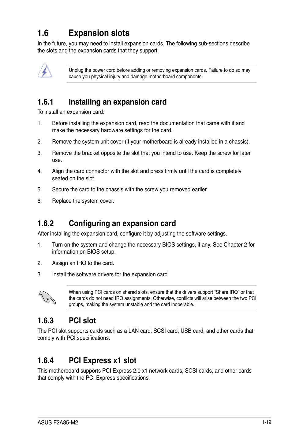 6 expansion slots, 1 installing an expansion card, 2 configuring an expansion card | 3 pci slot, 4 pci express x1 slot, 6 expansion slots -19, Installing an expansion card -19, Configuring an expansion card -19, Pci slot -19, Pci express x1 slot -19 | Asus F2A85-M2 User Manual | Page 31 / 76