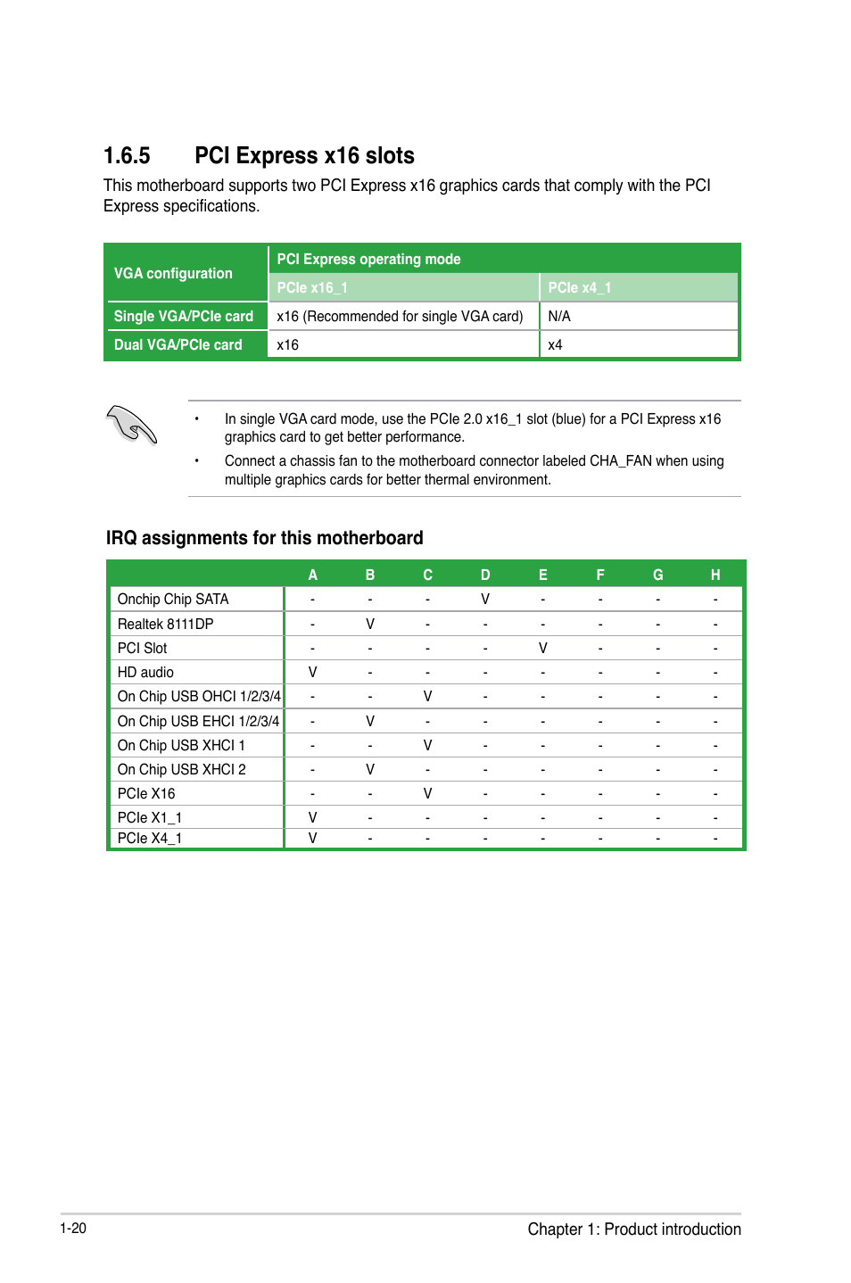 5 pci express x16 slots, Pci express x16 slots -20, Irq assignments for this motherboard | Asus F2A85-M2 User Manual | Page 32 / 76