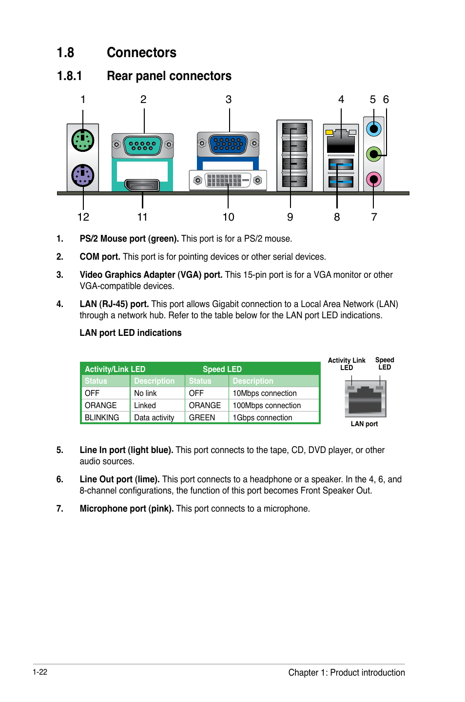 8 connectors, 1 rear panel connectors, 8 connectors -22 | Rear panel connectors -22 | Asus F2A85-M2 User Manual | Page 34 / 76