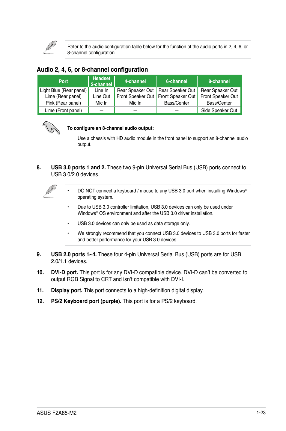 Audio 2, 4, 6, or 8-channel configuration | Asus F2A85-M2 User Manual | Page 35 / 76