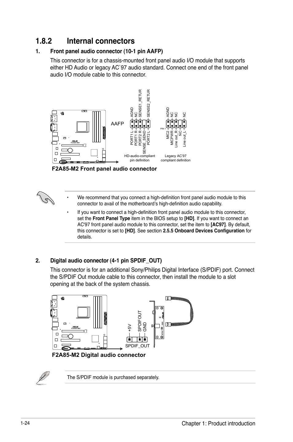 2 internal connectors, Internal connectors -24, Chapter 1: product introduction | F2a85-m2 front panel audio connector, F2a85-m2 digital audio connector | Asus F2A85-M2 User Manual | Page 36 / 76