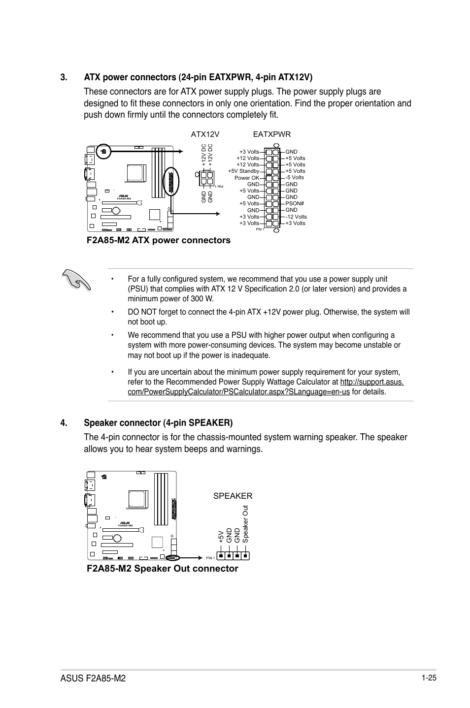 Asus f2a85-m2, F2a85-m2 speaker out connector, F2a85-m2 atx power connectors | Asus F2A85-M2 User Manual | Page 37 / 76