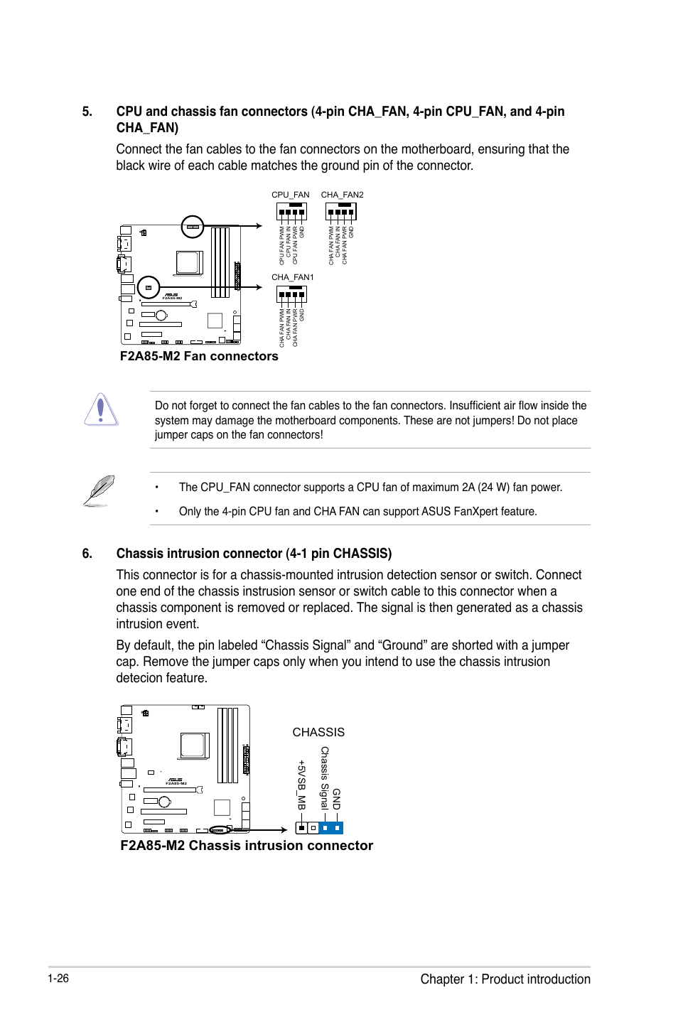 Chapter 1: product introduction, F2a85-m2 chassis intrusion connector, F2a85-m2 fan connectors | Chassis | Asus F2A85-M2 User Manual | Page 38 / 76