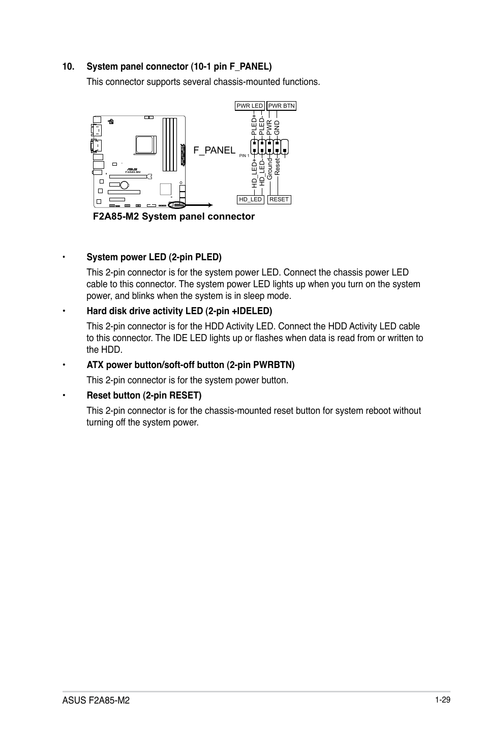 Asus f2a85-m2, F2a85-m2 system panel connector, F_panel | Asus F2A85-M2 User Manual | Page 41 / 76