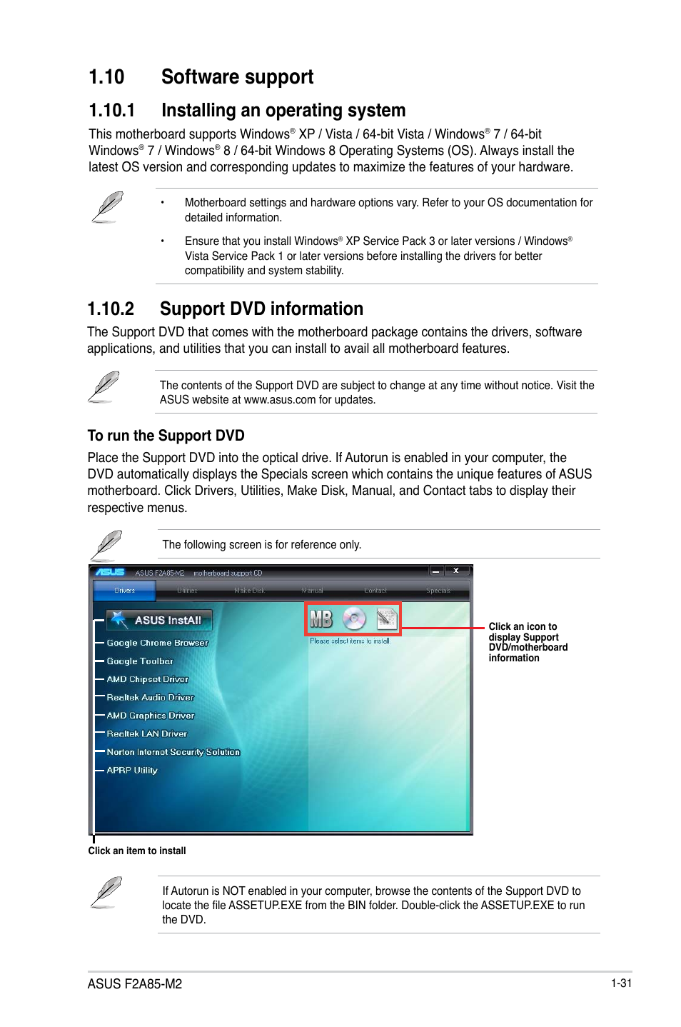 10 software support, 1 installing an operating system, 2 support dvd information | 10 software support -31 | Asus F2A85-M2 User Manual | Page 43 / 76