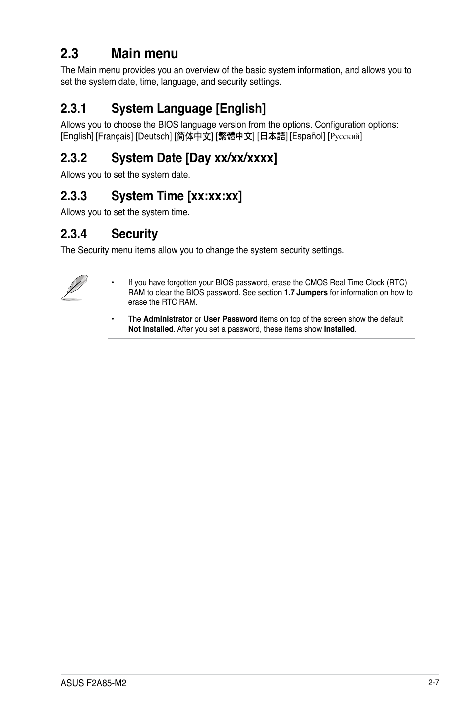 3 main menu, 1 system language [english, 2 system date [day xx/xx/xxxx | 3 system time [xx:xx:xx, 4 security, 3 main menu -7, System language [english] -7, System date [day xx/xx/xxxx] -7, System time [xx:xx:xx] -7, Security -7 | Asus F2A85-M2 User Manual | Page 51 / 76