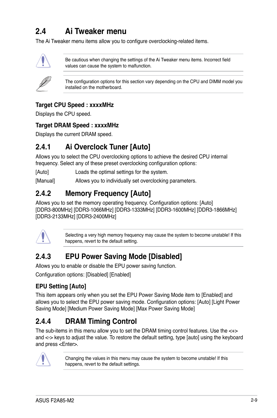 4 ai tweaker menu, 1 ai overclock tuner [auto, 2 memory frequency [auto | 3 epu power saving mode [disabled, 4 dram timing control, 4 ai tweaker menu -9, Ai overclock tuner [auto] -9, Memory frequency [auto] -9, Epu power saving mode [disabled] -9, Dram timing control -9 | Asus F2A85-M2 User Manual | Page 53 / 76