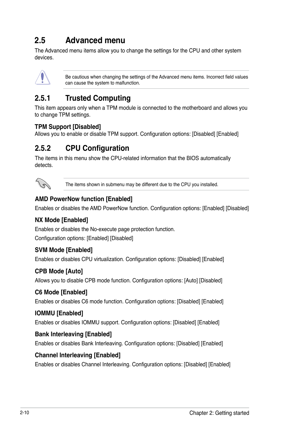 5 advanced menu, 1 trusted computing, 2 cpu configuration | 5 advanced menu -10, Trusted computing -10, Cpu configuration -10 | Asus F2A85-M2 User Manual | Page 54 / 76