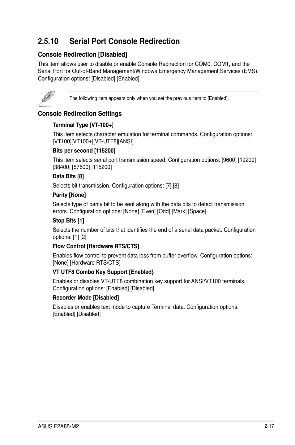 10 serial port console redirection, 10 serial port console redirection -17 | Asus F2A85-M2 User Manual | Page 61 / 76