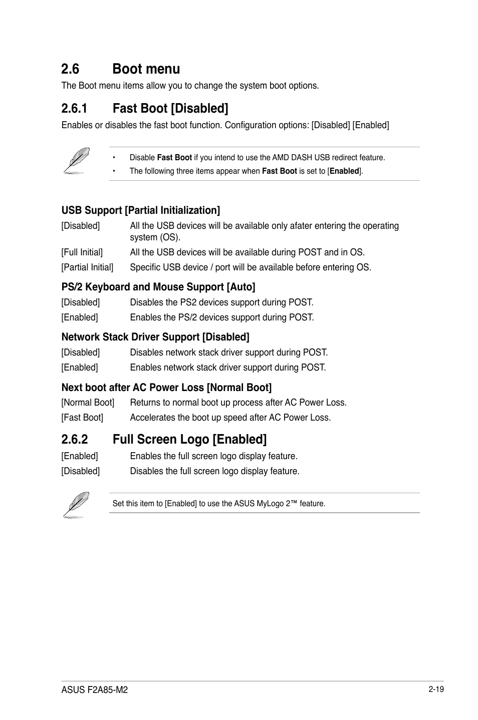 6 boot menu, 1 fast boot [disabled, 2 full screen logo [enabled | 6 boot menu -19, Fast boot [disabled] -19, Full screen logo [enabled] -19 | Asus F2A85-M2 User Manual | Page 63 / 76