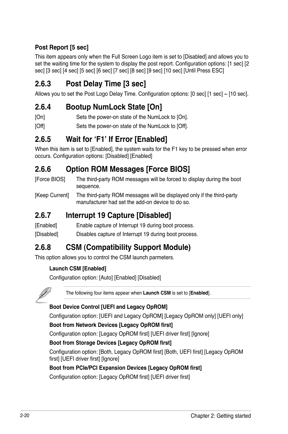 3 post delay time [3 sec, 4 bootup numlock state [on, 5 wait for ‘f1’ if error [enabled | 6 option rom messages [force bios, 7 interrupt 19 capture [disabled, 8 csm (compatibility support module), Post delay time [3 sec] -20, Bootup numlock state [on] -20, Wait for ‘f1’ if error [enabled] -20, Option rom messages [force bios] -20 | Asus F2A85-M2 User Manual | Page 64 / 76