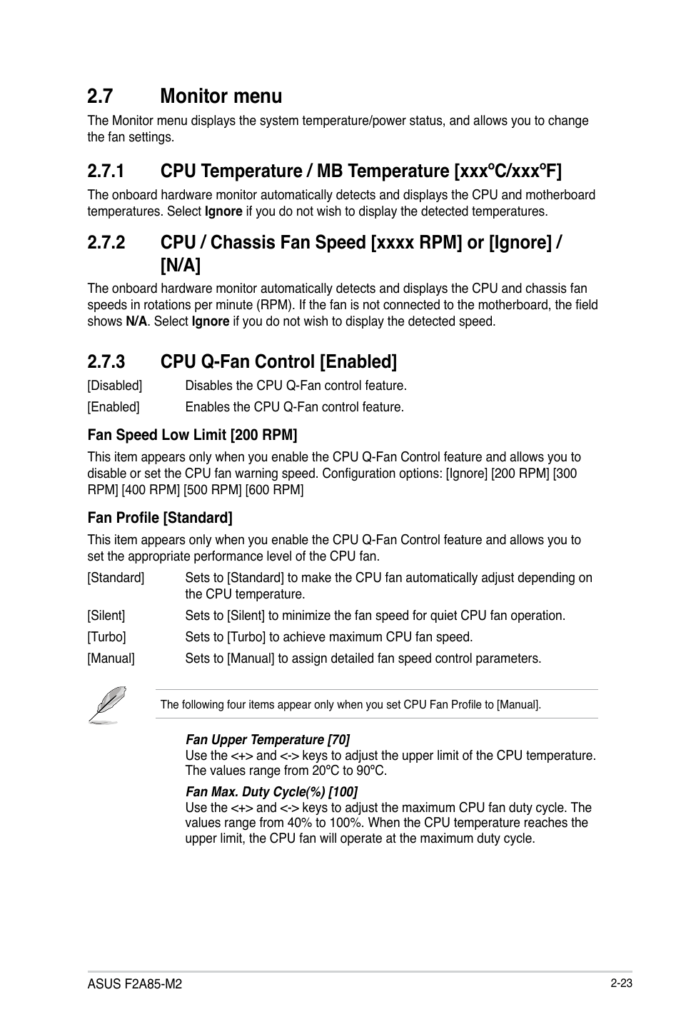 7 monitor menu, 1 cpu temperature / mb temperature [xxxºc/xxxºf, 3 cpu q-fan control [enabled | 7 monitor menu -23, Cpu temperature / mb temperature [xxxºc/xxxºf] -23, Cpu q-fan control [enabled] -23 | Asus F2A85-M2 User Manual | Page 67 / 76