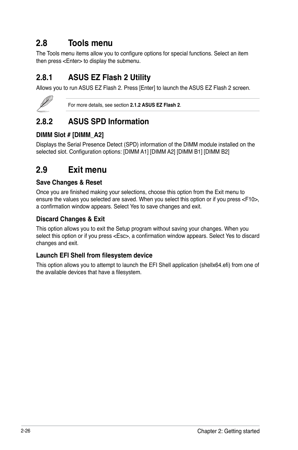 8 tools menu, 1 asus ez flash 2 utility, 2 asus spd information | 9 exit menu, 8 tools menu -26, Asus ez flash 2 utility -26, Asus spd information -26, 9 exit menu -26 | Asus F2A85-M2 User Manual | Page 70 / 76