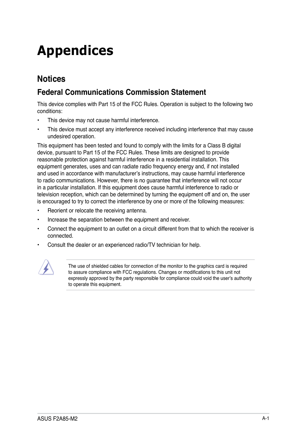 Appendices, Notices, Federal communications commission statement | Asus F2A85-M2 User Manual | Page 71 / 76