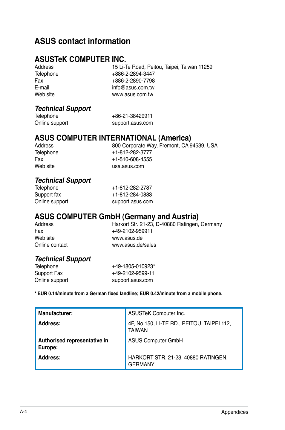 Asus contact information, Asustek computer inc, Asus computer international (america) | Asus computer gmbh (germany and austria), Technical support | Asus F2A85-M2 User Manual | Page 74 / 76