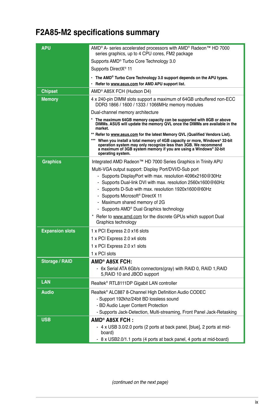 F2a85-m2 specifications summary, A85x fch | Asus F2A85-M2 User Manual | Page 9 / 76