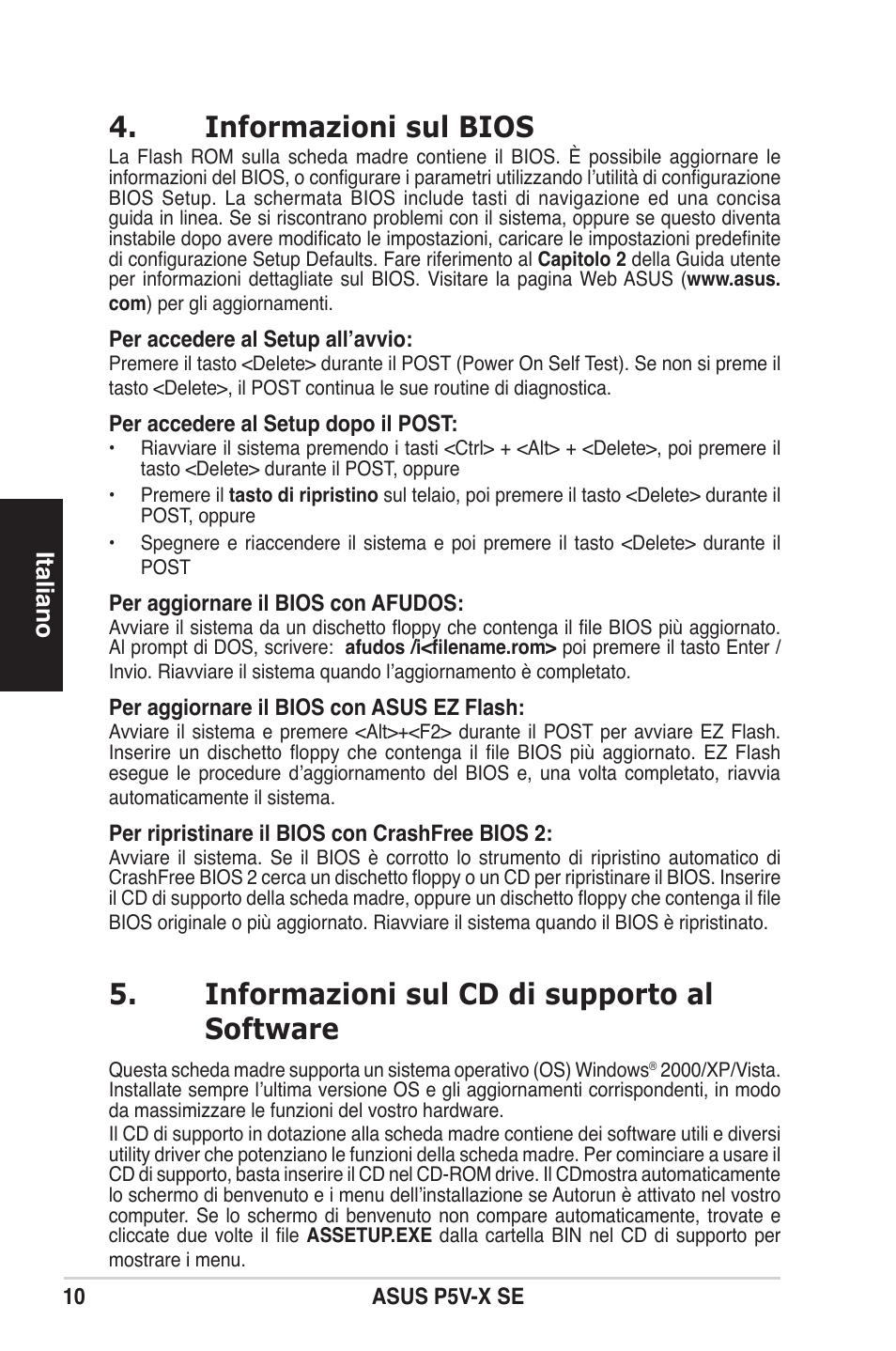 Informazioni sul bios, Informazioni sul cd di supporto al software, Italiano | Asus P5V-X SE User Manual | Page 10 / 37