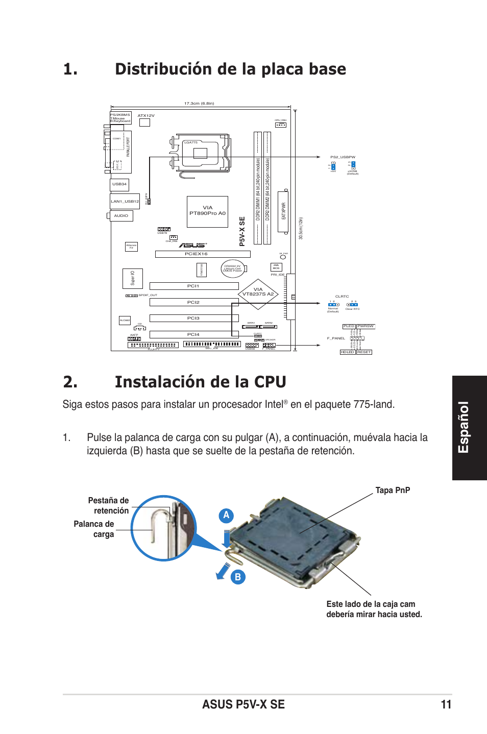 Español, Asus p5v-x se 11, Siga estos pasos para instalar un procesador intel | P5v -x se | Asus P5V-X SE User Manual | Page 11 / 37