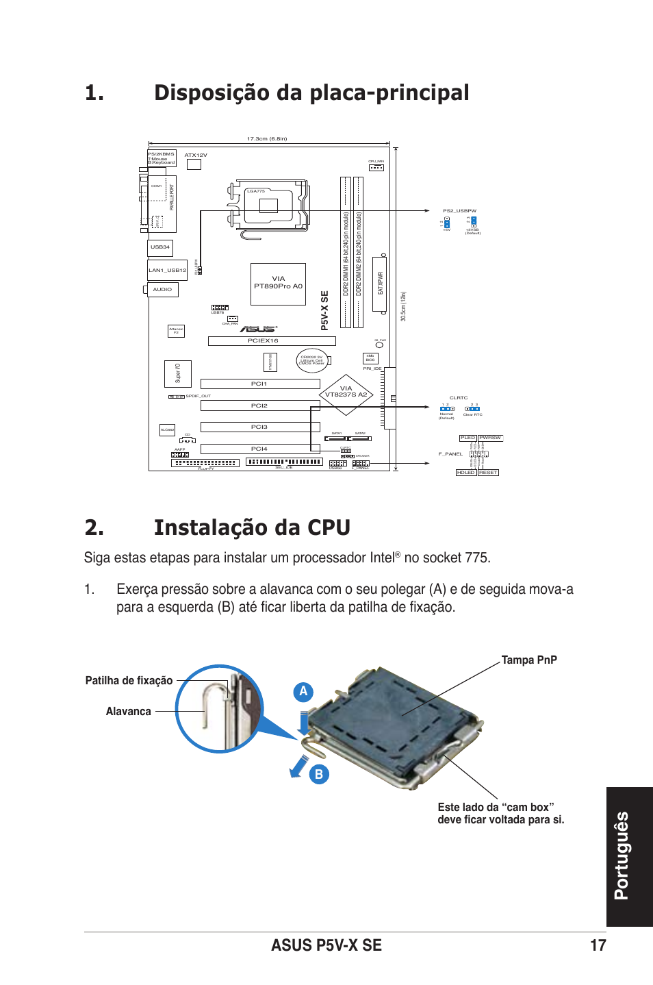 Disposição da placa-principal 2. instalação da cpu, Português, Asus p5v-x se 17 | P5v -x se | Asus P5V-X SE User Manual | Page 17 / 37