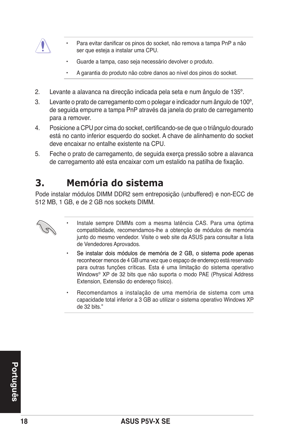 Memória do sistema, Português | Asus P5V-X SE User Manual | Page 18 / 37