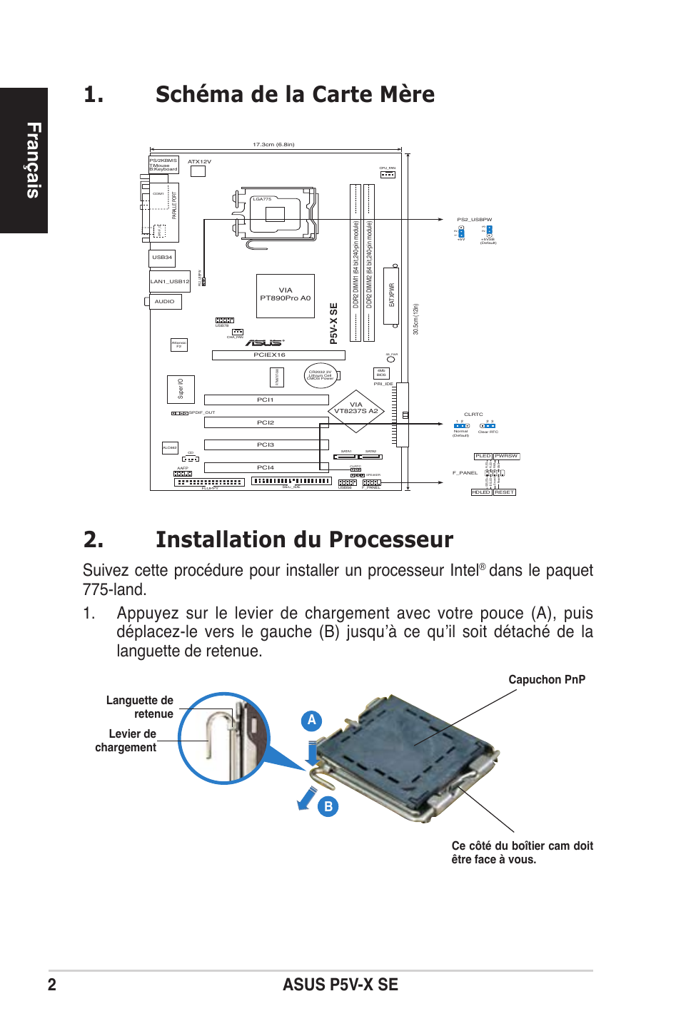 Schéma de la carte mère, Installation du processeur, Français | Asus p5v-x se, P5v -x se | Asus P5V-X SE User Manual | Page 2 / 37