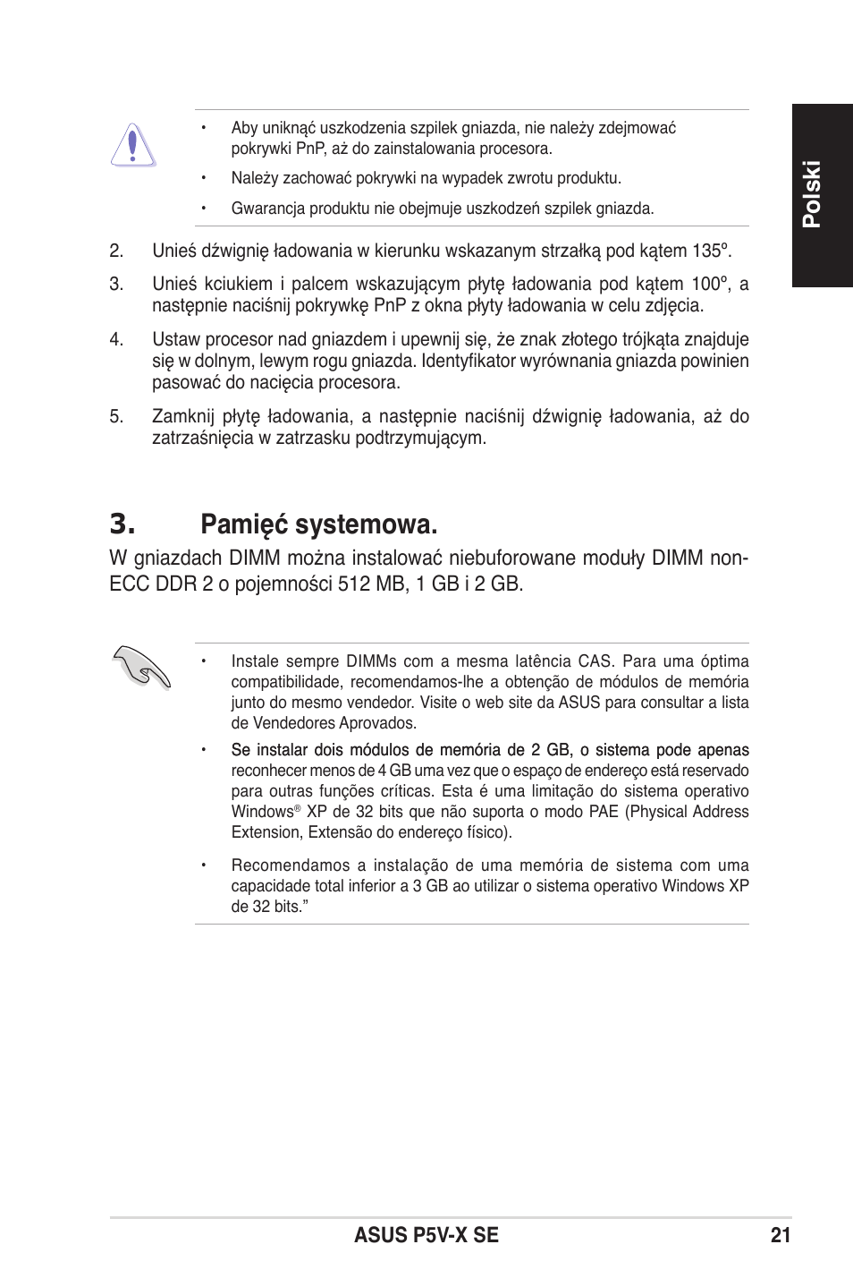 Pamięć systemowa, Polski | Asus P5V-X SE User Manual | Page 21 / 37