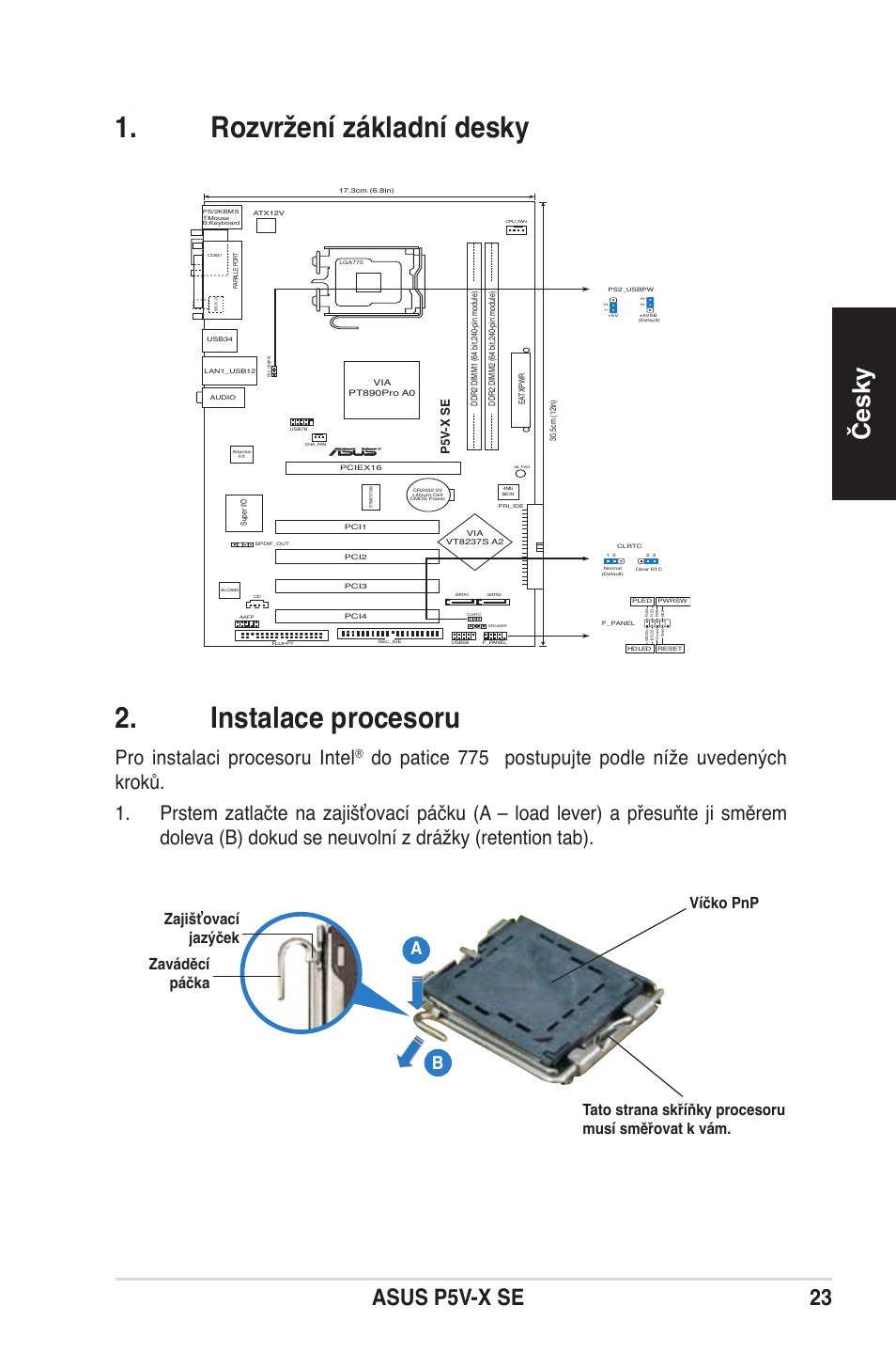 Rozvržení základní desky 2. instalace procesoru, Česky, Asus p5v-x se 23 | Pro instalaci procesoru intel, P5v -x se | Asus P5V-X SE User Manual | Page 23 / 37