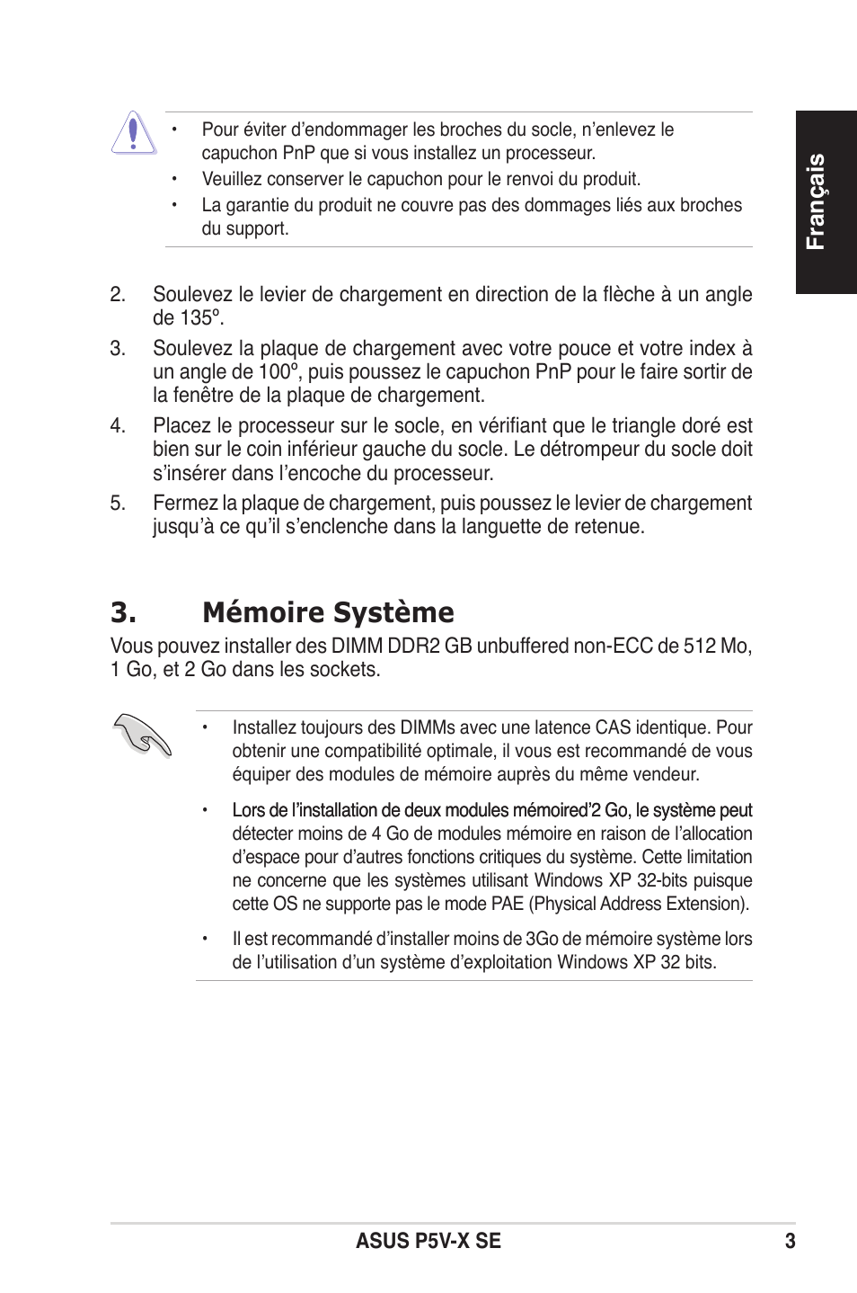 Mémoire système | Asus P5V-X SE User Manual | Page 3 / 37