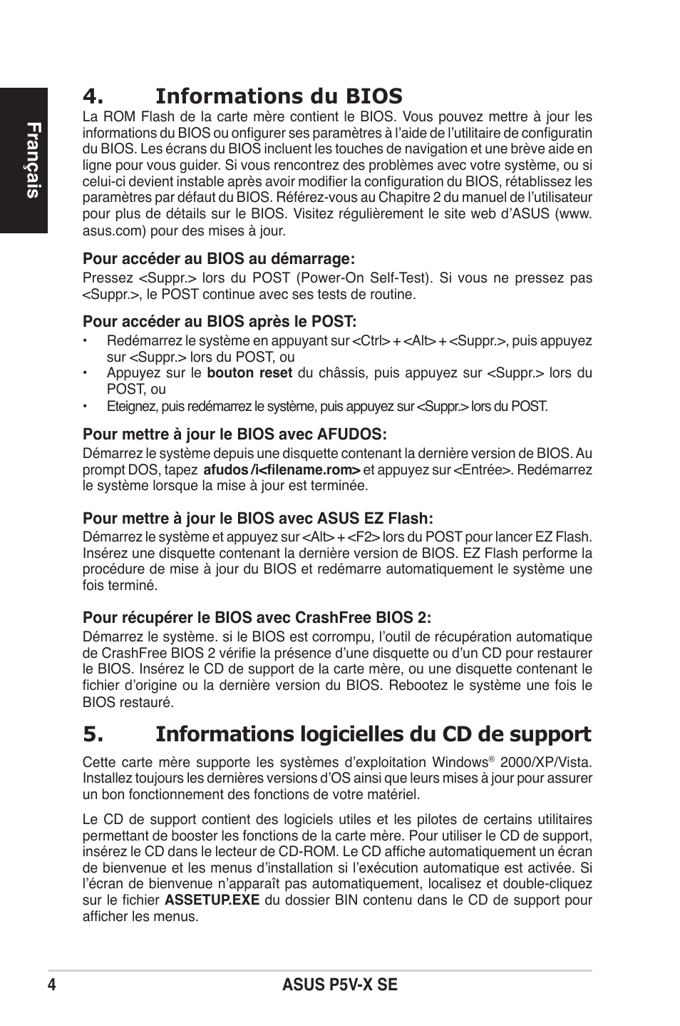 Informations du bios, Informations logicielles du cd de support, Français | Asus P5V-X SE User Manual | Page 4 / 37