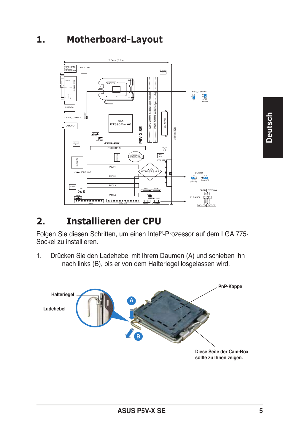 Motherboard-layout, Installieren der cpu, Deutsch | Asus p5v-x se 5, Folgen sie diesen schritten, um einen intel, P5v -x se | Asus P5V-X SE User Manual | Page 5 / 37
