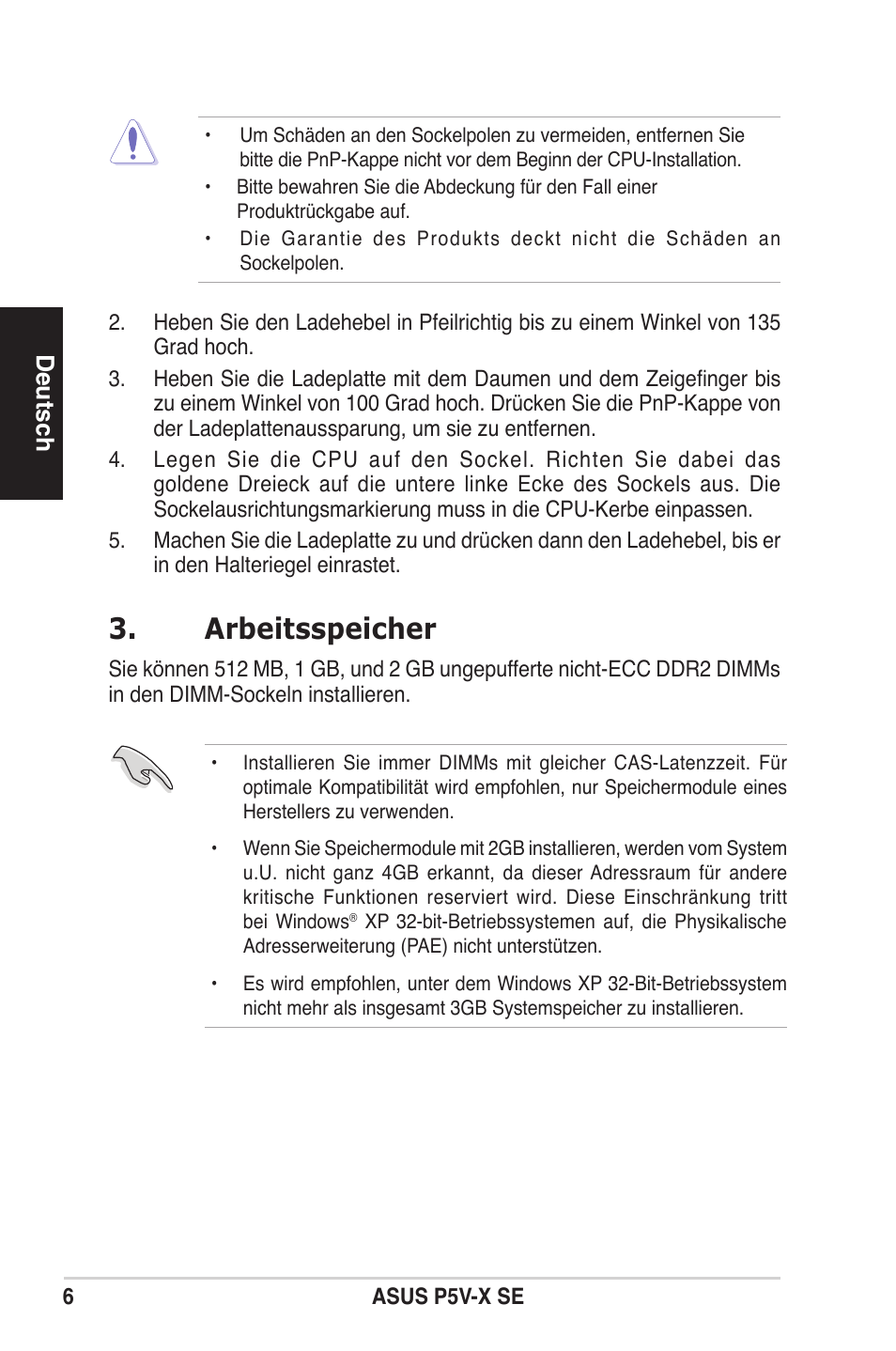 Arbeitsspeicher | Asus P5V-X SE User Manual | Page 6 / 37