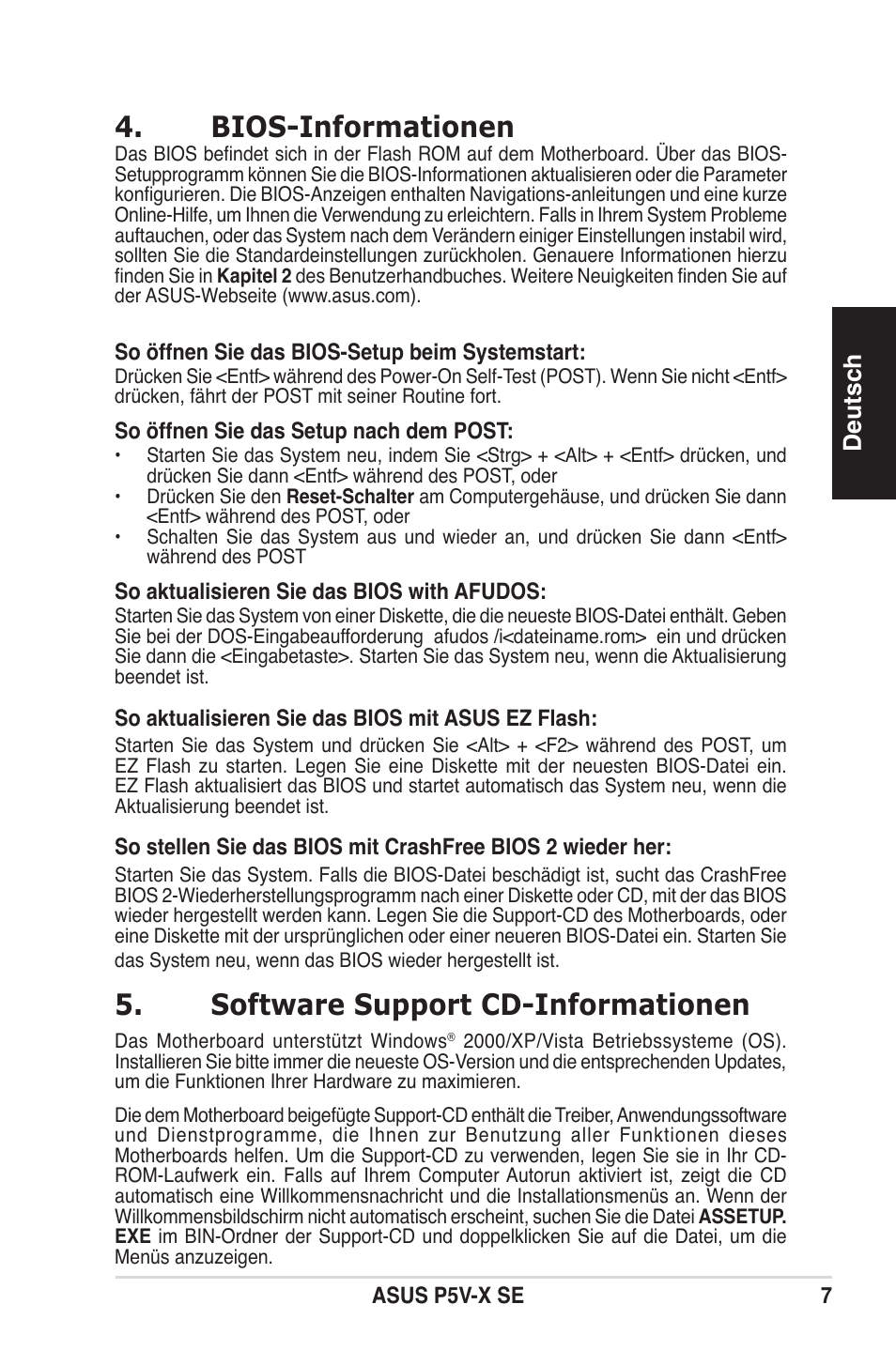 Bios-informationen, Software support cd-informationen, Deutsch | Asus P5V-X SE User Manual | Page 7 / 37