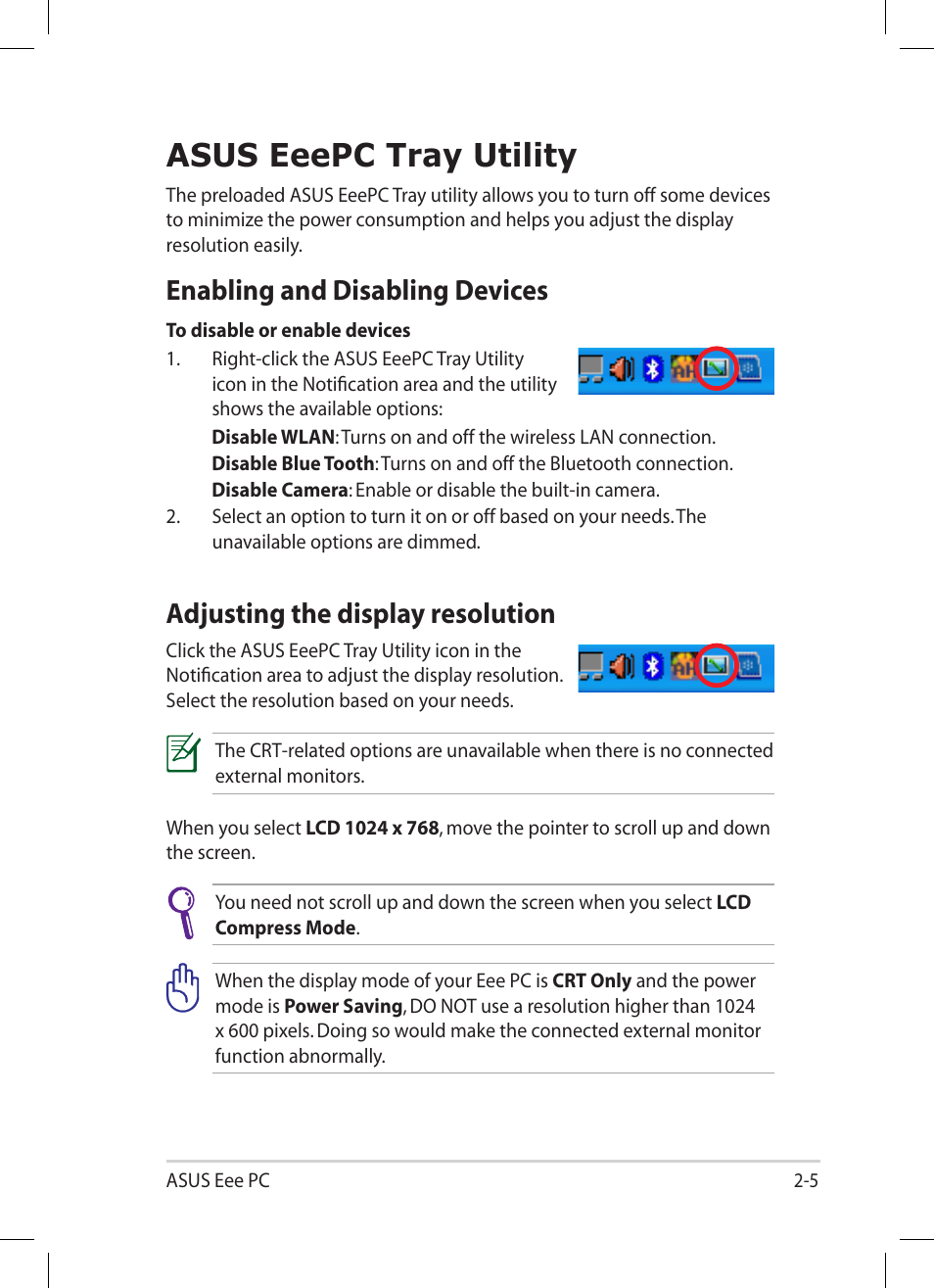 Asus eeepc tray utility, Enabling and disabling devices, Adjusting the display resolution | Asus eeepc tray utility -5 | Asus Eee PC 1005HA User Manual | Page 25 / 60