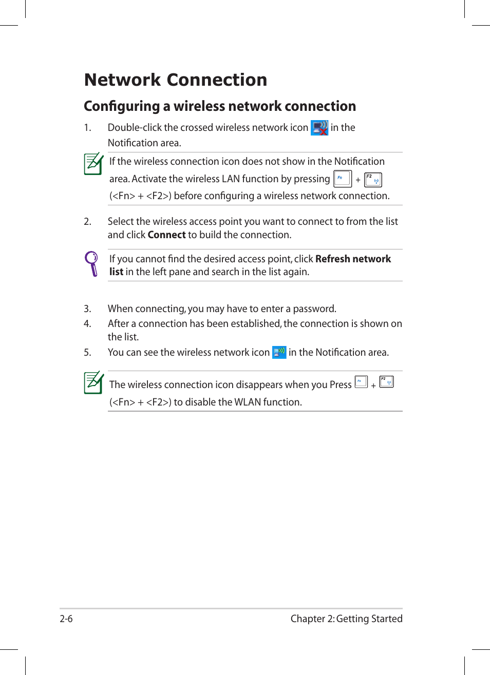 Network connection, Configuring a wireless network connection, Network connection -6 | Configuring a wireless network connection -6 | Asus Eee PC 1005HA User Manual | Page 26 / 60