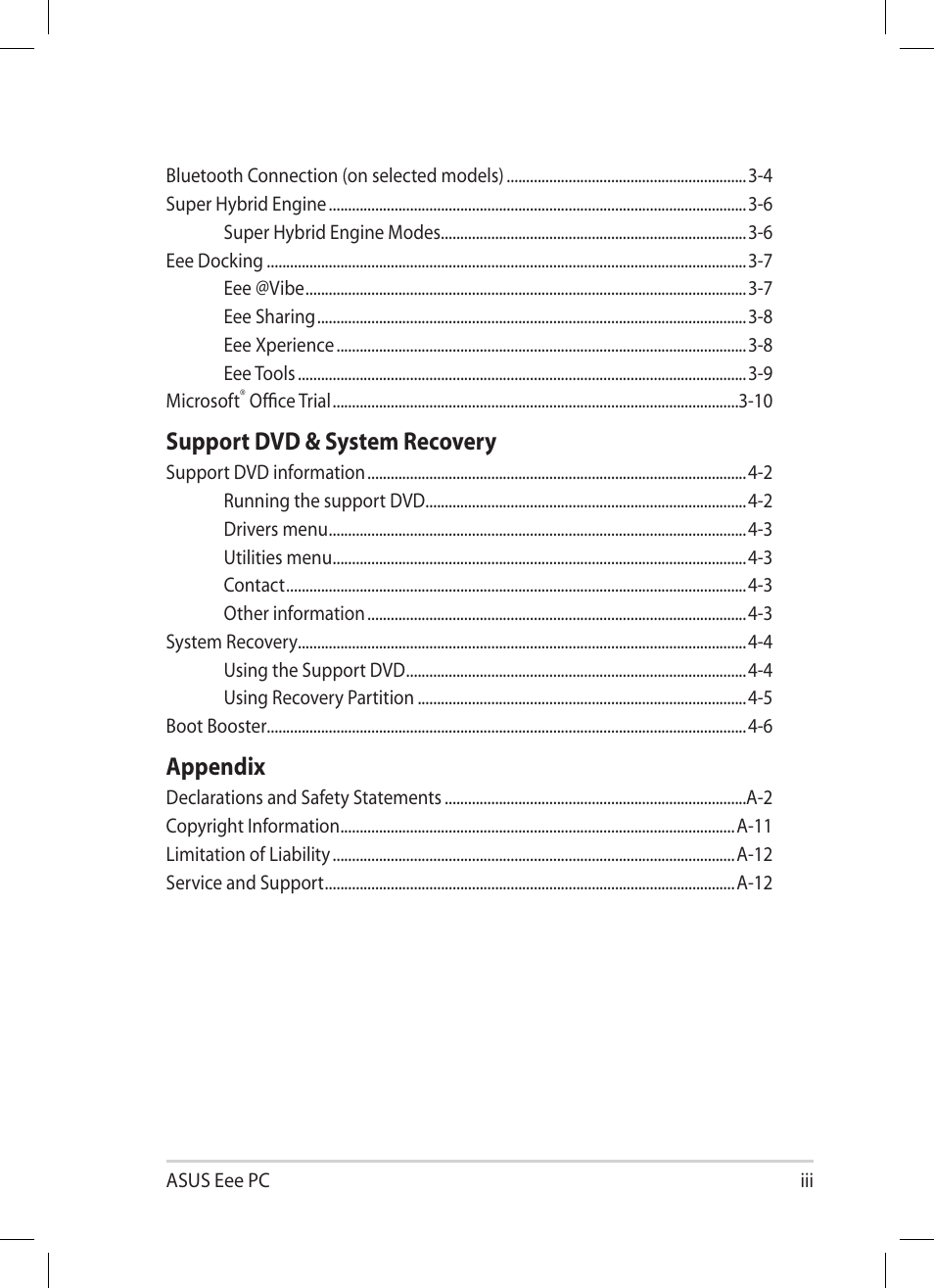 Support dvd & system recovery, Appendix | Asus Eee PC 1005HA User Manual | Page 3 / 60