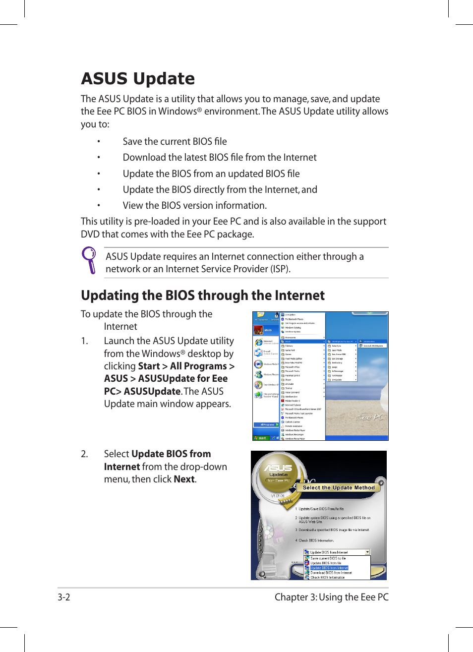 Asus update, Updating the bios through the internet, Asus update -2 | Updating the bios through the internet -2 | Asus Eee PC 1005HA User Manual | Page 34 / 60