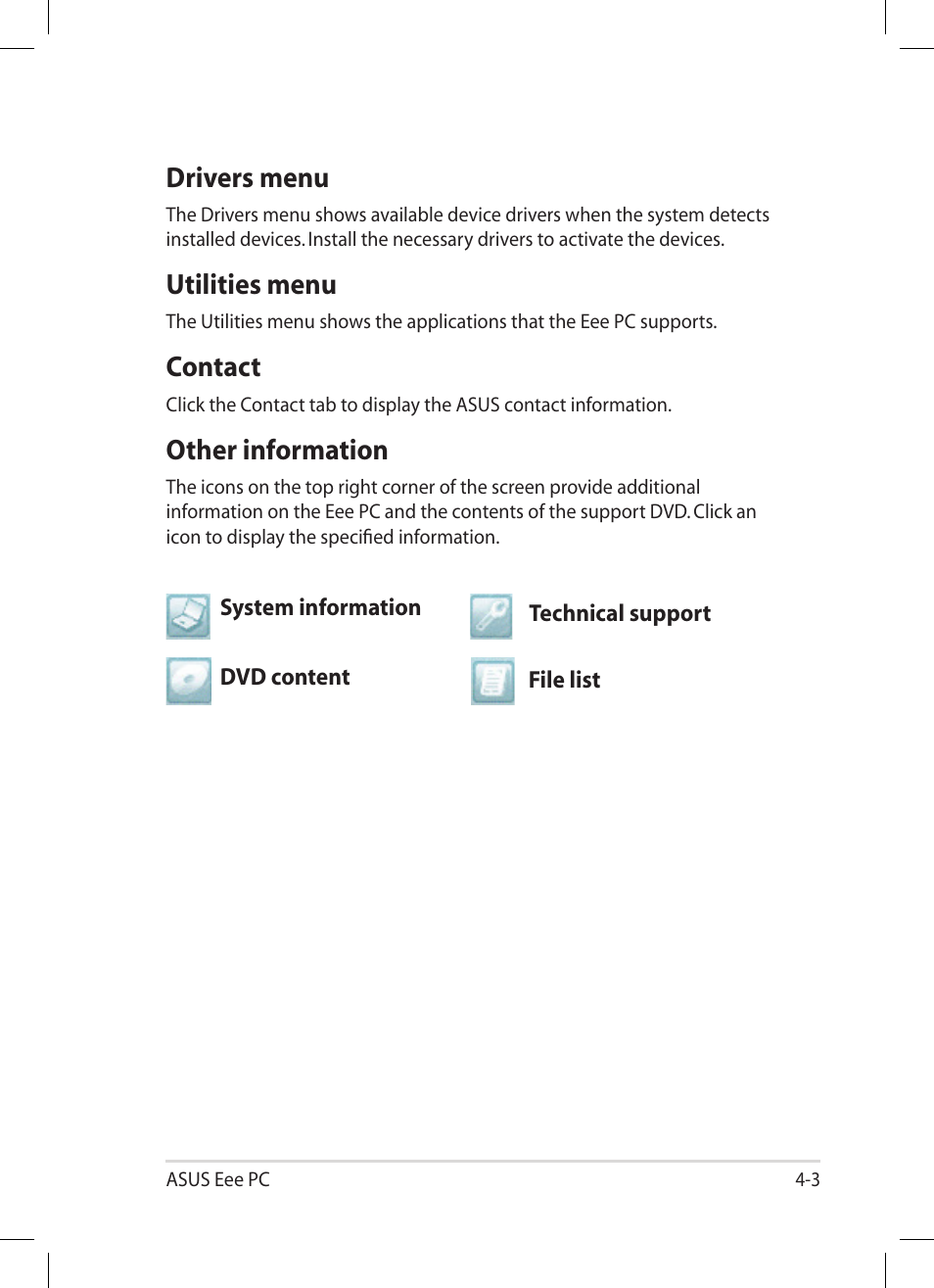 Drivers menu, Utilities menu, Contact | Other information | Asus Eee PC 1005HA User Manual | Page 45 / 60