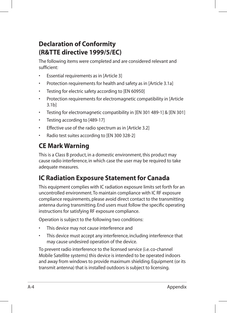 Ce mark warning, Ic radiation exposure statement for canada | Asus Eee PC 1005HA User Manual | Page 52 / 60