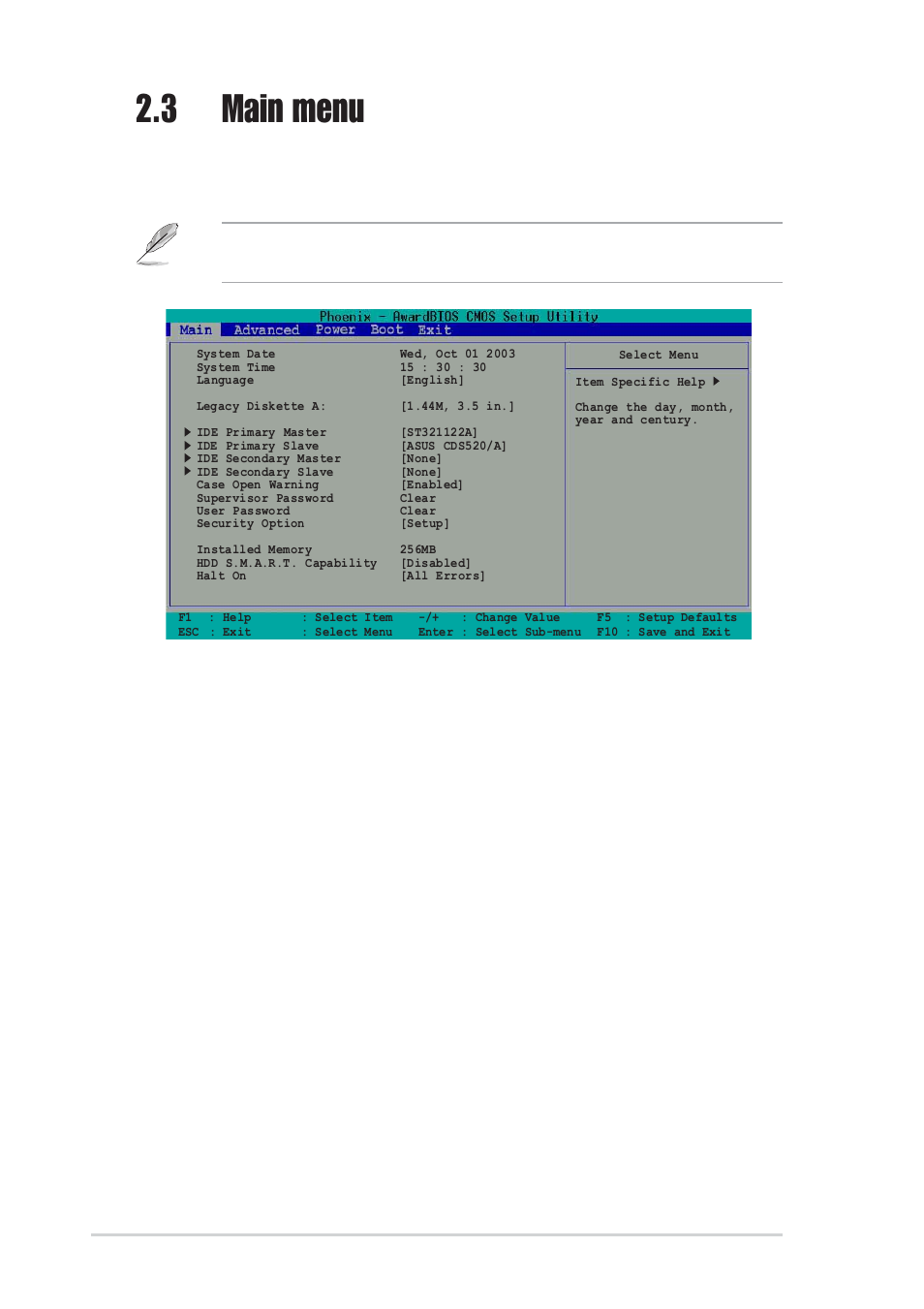 3 main menu, System date [mm/dd/yy, System time [hh:mm:ss | Case open warning [enabled, 10 chapter 2: bios information | Asus P4U800-X User Manual | Page 42 / 64