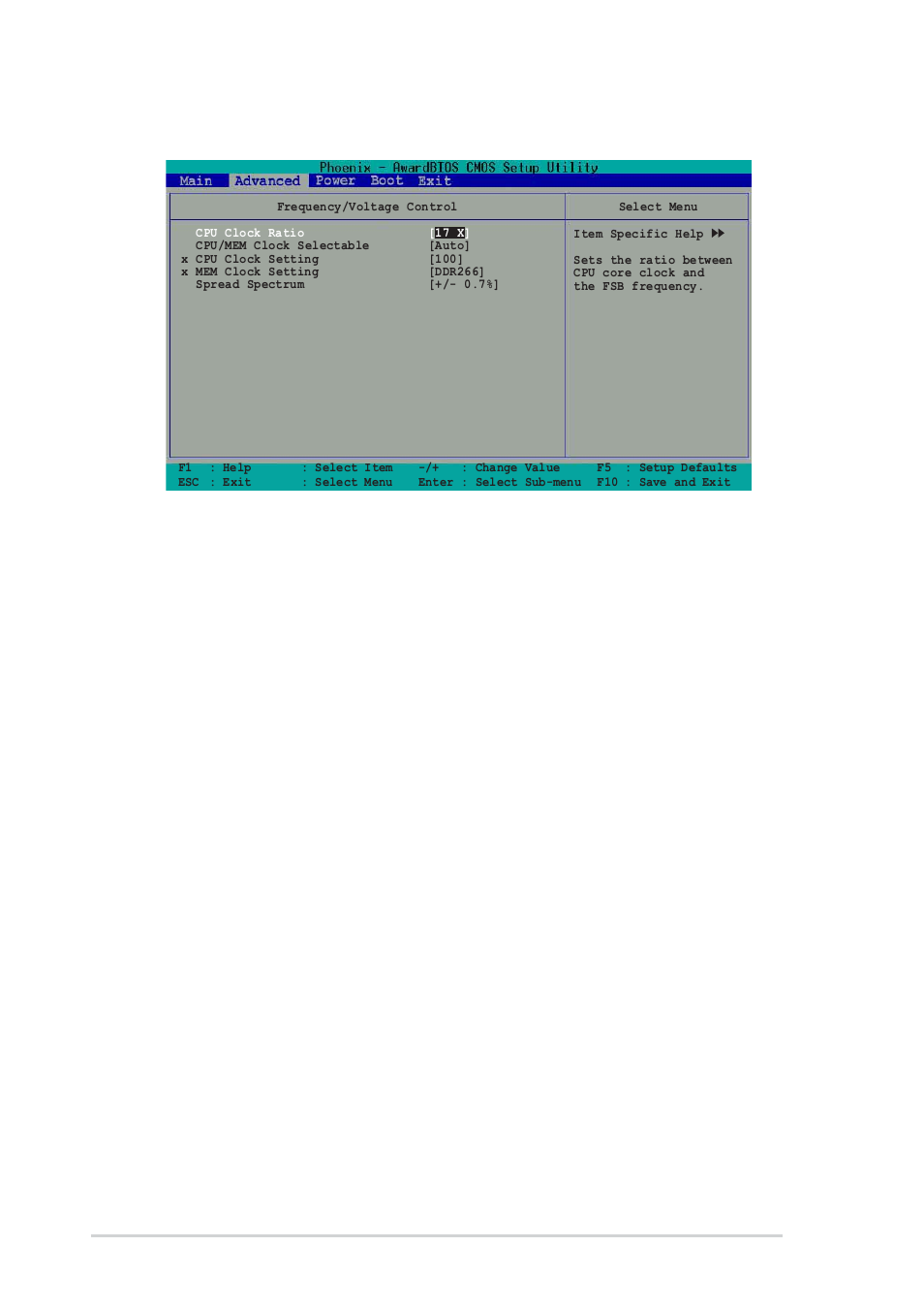 1 frequency/voltage control, Cpu clock ratio [17 x, Cpu/mem clock selectable [auto | Cpu clock setting [100, Mem clock setting [ddr266, Spread spectrum [+/-0.7, 16 chapter 2: bios information | Asus P4U800-X User Manual | Page 48 / 64