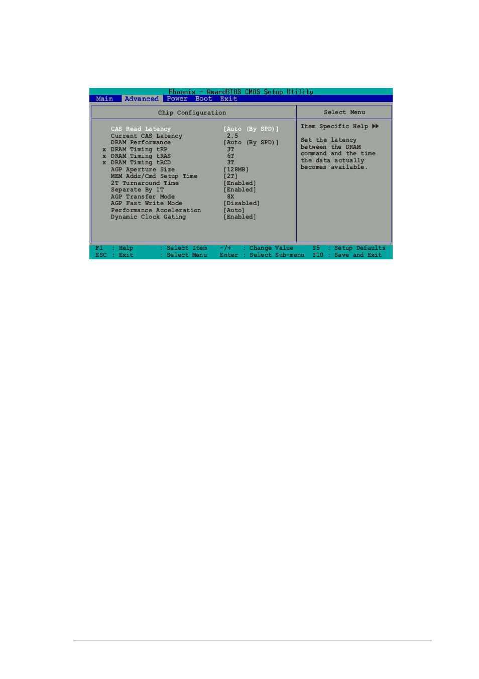 2 chip configuration, Cas read latency [auto (by spd), Current cas latency [2.5 | Dram performance [auto (by spd), Dram timing trp [3t, Dram timing tras [6t, Dram timing trcd [3t, The value for this field is auto-detected | Asus P4U800-X User Manual | Page 49 / 64