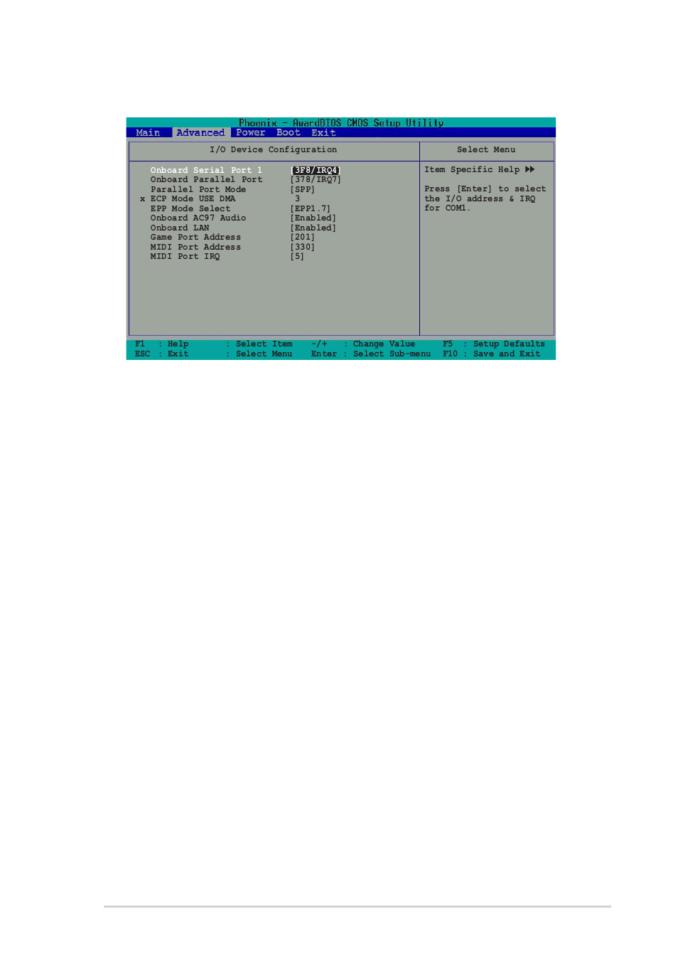 3 i/o device configuration, Onboard serial port 1 [3f8/irq4, Onboard parallel port [378/irq7 | Parallel port mode [epp, Ecp mode use dma [3, Epp mode select [epp1.7 | Asus P4U800-X User Manual | Page 51 / 64